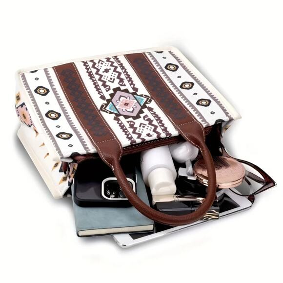 Bohemian Canvas Tote Bag Turquoise Aztec Print Set with Wristlet NWT Ethnic - Picture 6 of 8